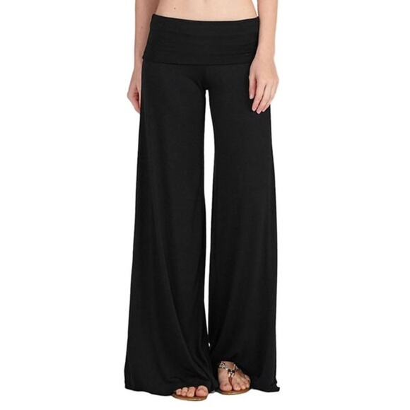 Zara Wide Leg Pants Fold Over Waist Black Linen Blend Size Small - Picture 1 of 8
